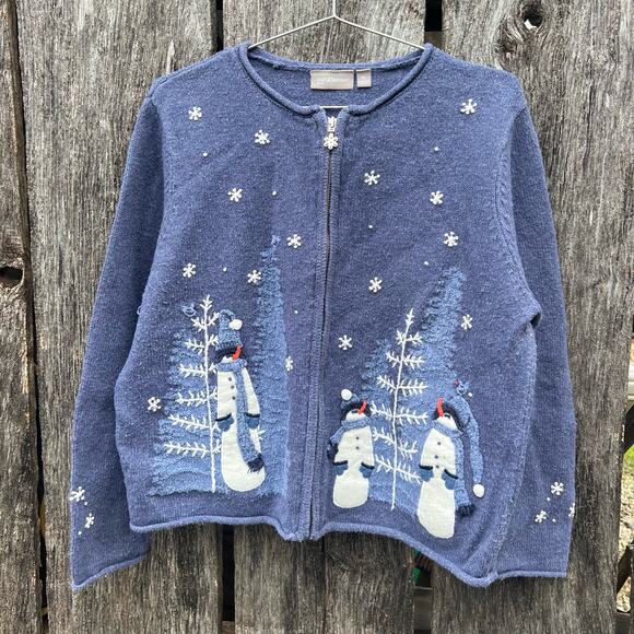 Croft and Borrow Blue Snowman Snowflake Christmas Tree Ugly Cardigan Sweater - Picture 1 of 6